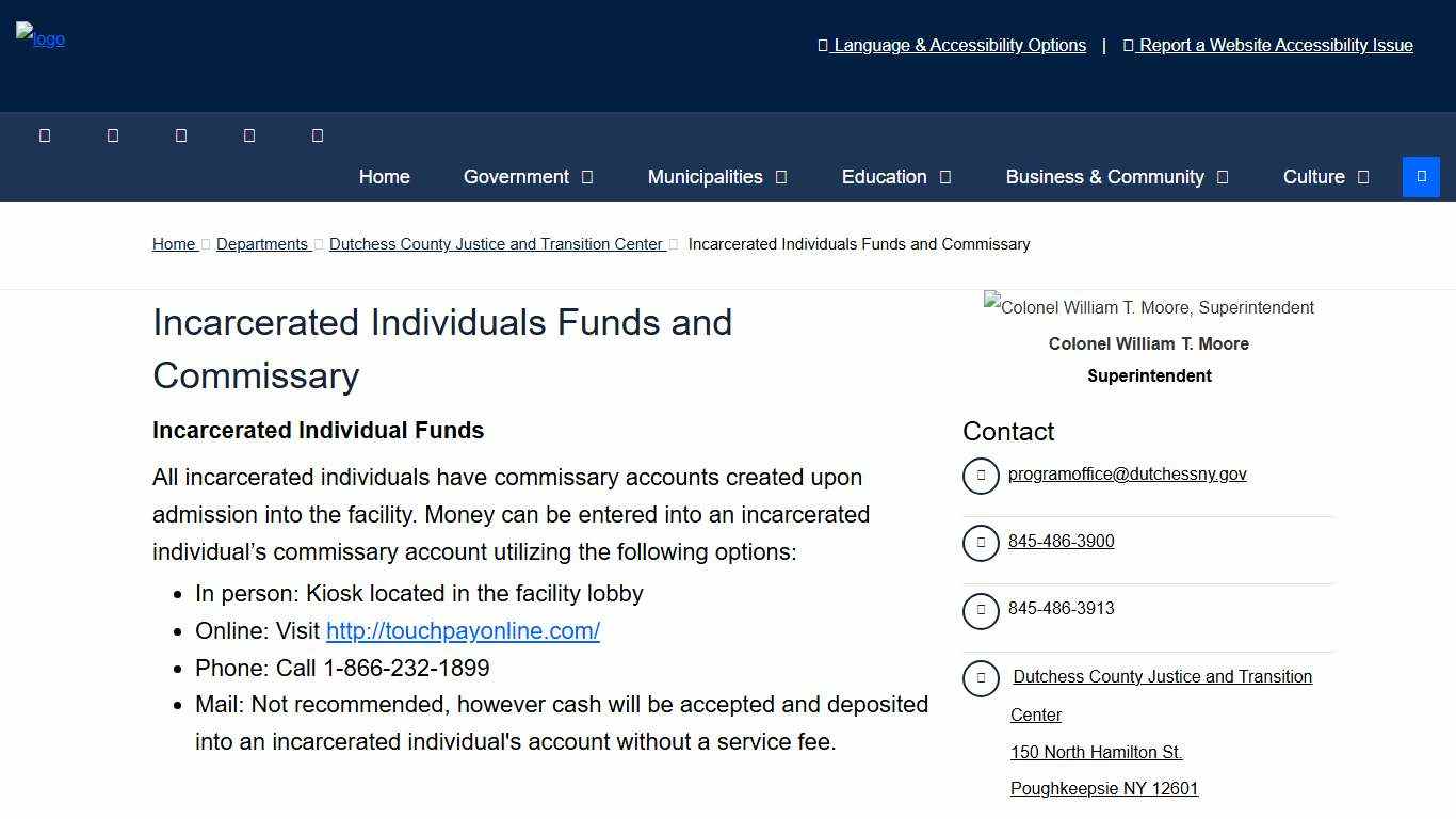 Incarcerated Individuals Funds and Commissary