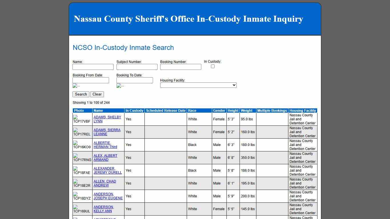 NCSO In-Custody Inmate Search